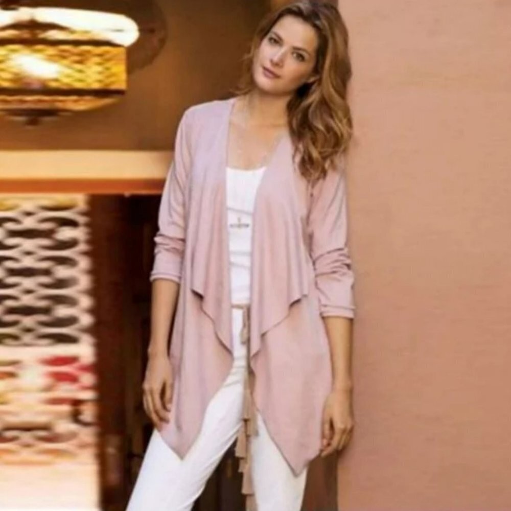 Soft Surroundings Faux Suede Ultra Soft Pink Waterfall Cardigan Size M - Picture 2 of 12